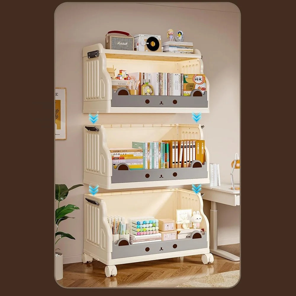Size S 3 Layers Foldable Bookshelf Storage Rack with 360° Silent Swivel Wheels for Kids Books and Toys , 41.5 x 27 x 84 cm - White - 6