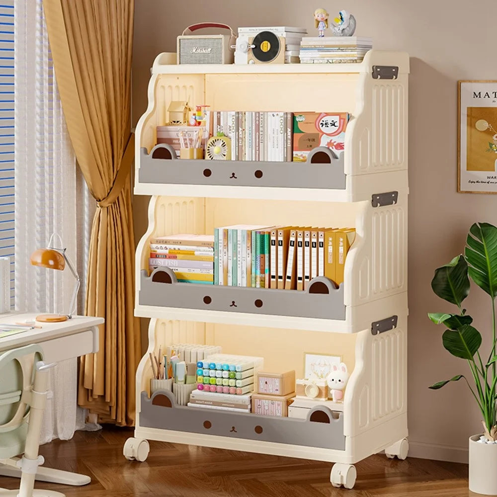 Size L 3 Layers Foldable Bookshelf Storage Rack with 360° Silent Swivel Wheels for Kids Books and Toys , 53 x 31.5 x 93cm - White - 2