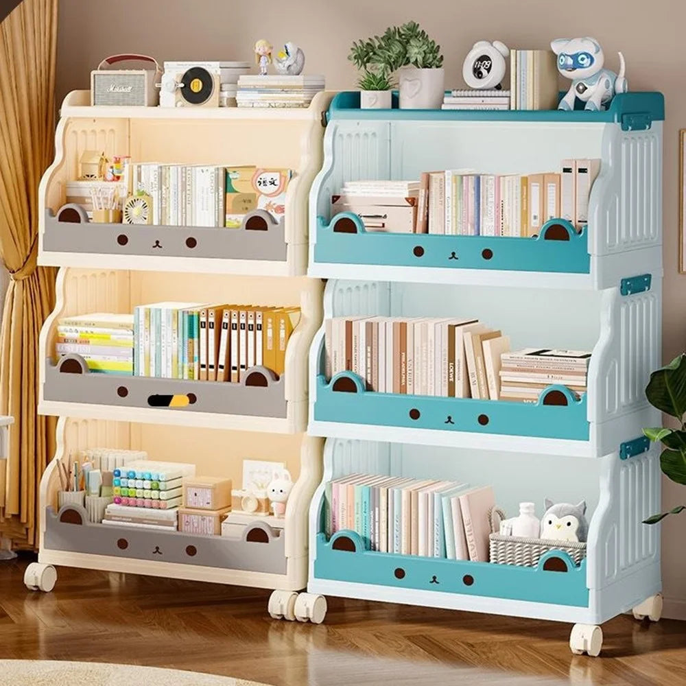 Size L 3 Layers Foldable Bookshelf Storage Rack with 360° Silent Swivel Wheels for Kids Books and Toys , 53 x 31.5 x 93cm - White - 3