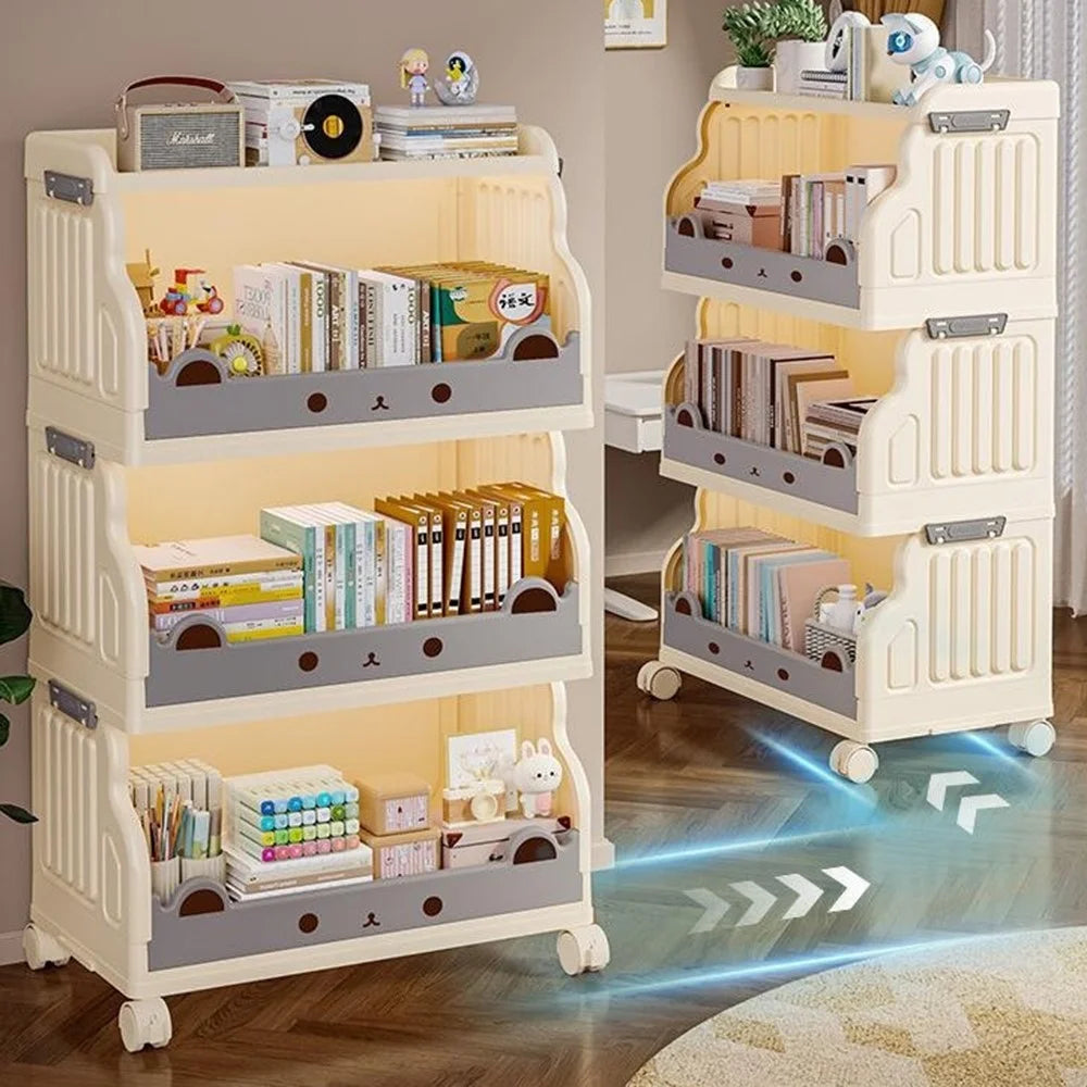 Size L 3 Layers Foldable Bookshelf Storage Rack with 360° Silent Swivel Wheels for Kids Books and Toys , 53 x 31.5 x 93cm - White - 4