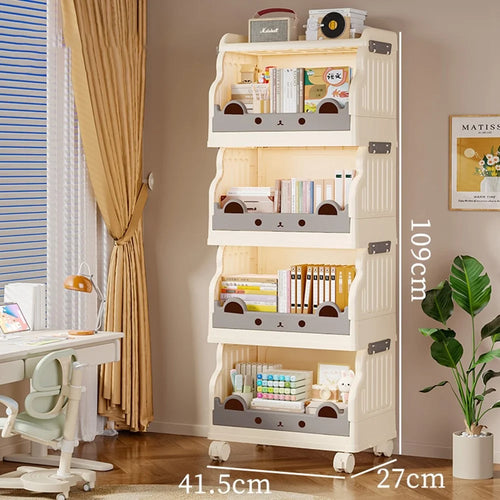 Size S 4 Layers Foldable Bookshelf Storage Rack with 360° Silent Swivel Wheels for Kids Books and Toys , 41.5 x 27 x 109cm - White - 1