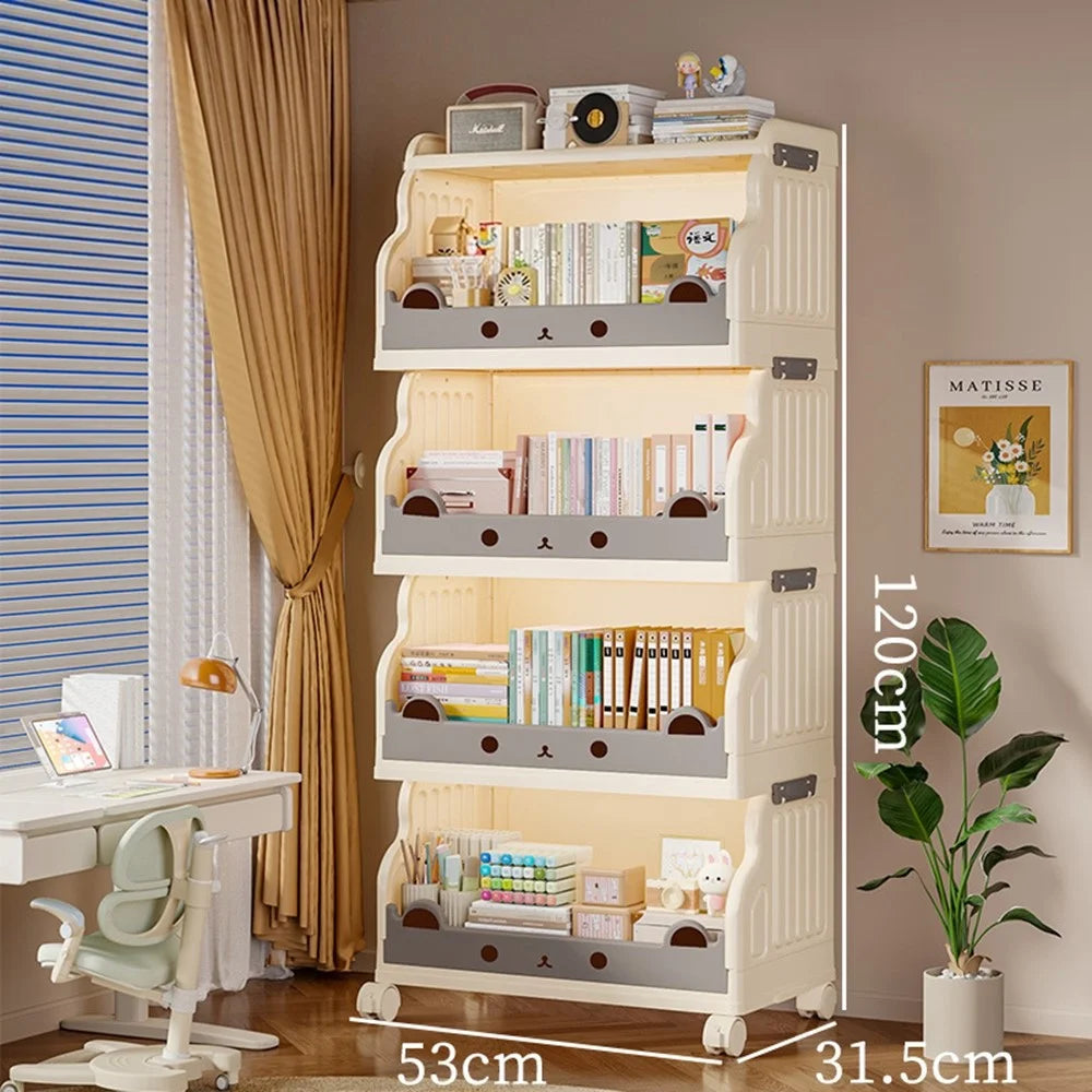 Size L 4 Layers Foldable Bookshelf Storage Rack with 360° Silent Swivel Wheels for Kids Books and Toys , 53 x 31.5 x 120cm - White - 1