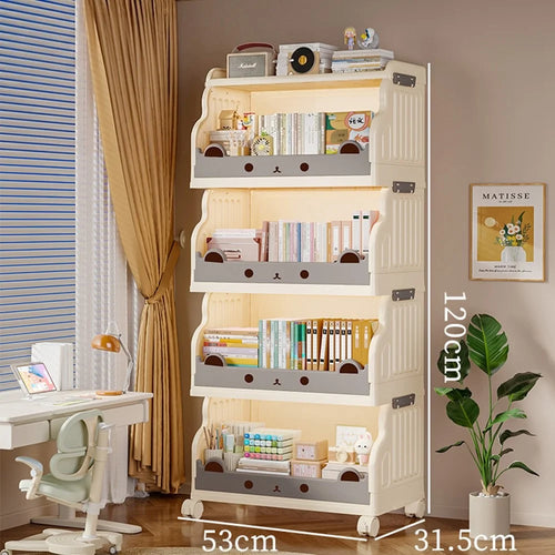 Size L 4 Layers Foldable Bookshelf Storage Rack with 360° Silent Swivel Wheels for Kids Books and Toys , 53 x 31.5 x 120cm - White - 1