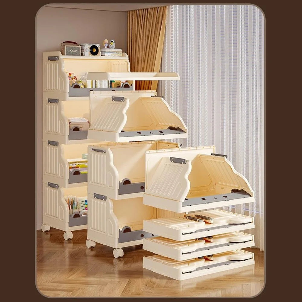 Size L 4 Layers Foldable Bookshelf Storage Rack with 360° Silent Swivel Wheels for Kids Books and Toys , 53 x 31.5 x 120cm - White - 3