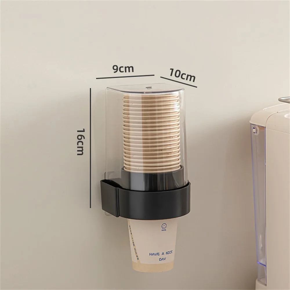 Single Cup Type Wall-Mounted Paper Cup Dispenser No-Drilling Rack with Transparent Dust Cover - Black - 1