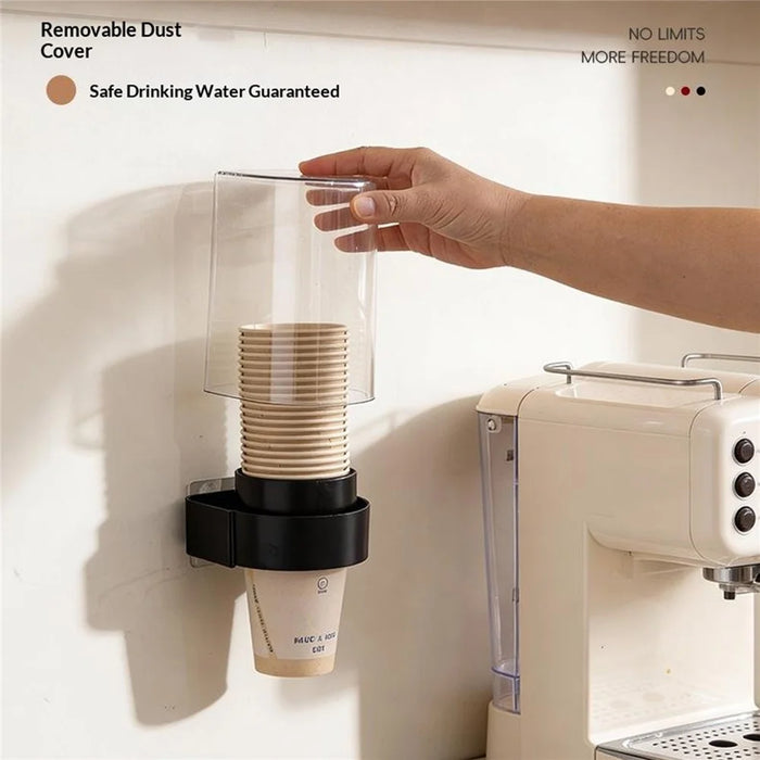 Single Cup Type Wall-Mounted Paper Cup Dispenser No-Drilling Rack with Transparent Dust Cover - Black - 4