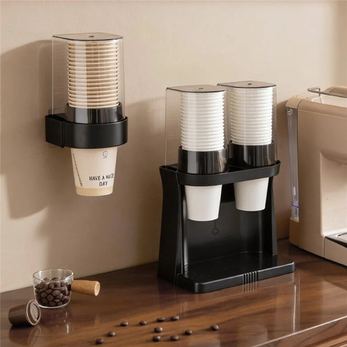 Double Cup Type Wall-Mounted Paper Cup Dispenser No-Drilling Rack with Transparent Dust Cover - Black - 2