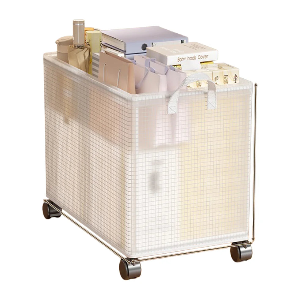 38x30x30cm Under Desk Storage Rack with Wheels Foldable Rolling Cart Organizer - Clear White - 1