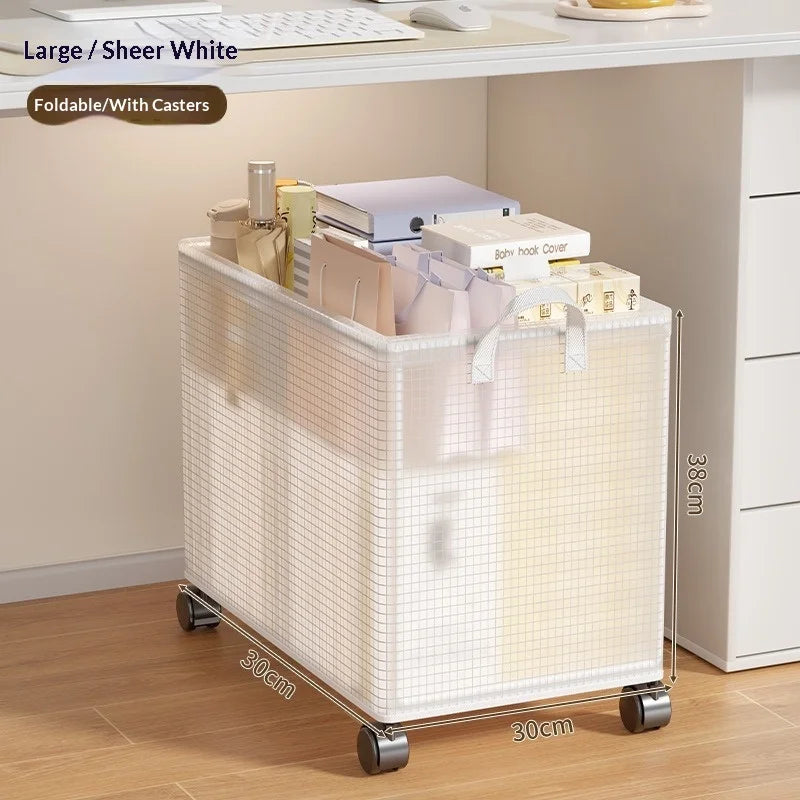 38x30x30cm Under Desk Storage Rack with Wheels Foldable Rolling Cart Organizer - Clear White - 6