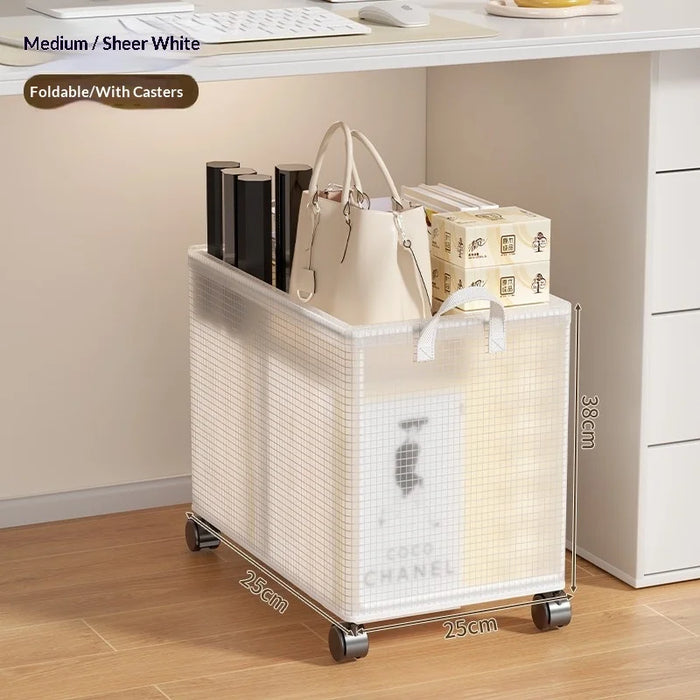 38x25x25cm Under Desk Storage Rack with Wheels Foldable Rolling Cart Organizer - Clear White - 2