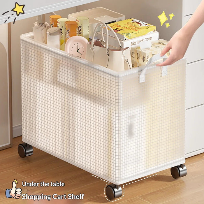 38x25x25cm Under Desk Storage Rack with Wheels Foldable Rolling Cart Organizer - Clear White - 3