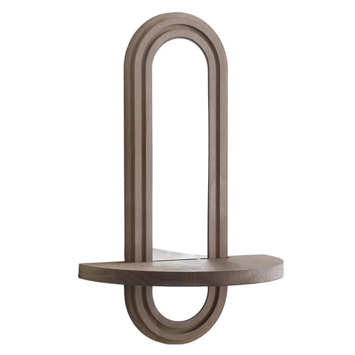 Wall Mounted Oval Shelf with Acrylic Mirror Arched Decorative Storage Rack for Living Room Bedroom - Walnut Color - 1