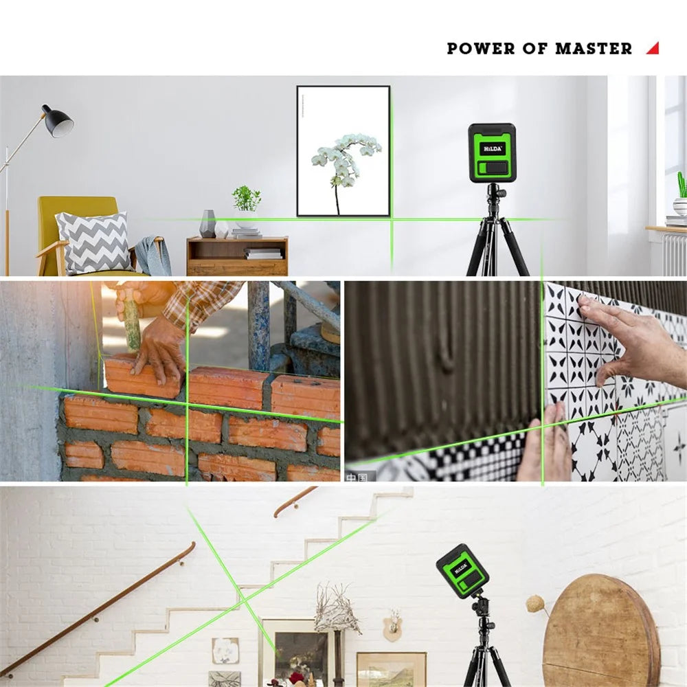 HILDA 2-Lines Cross Green Light Laser Level Meter Horizontal and Vertical Laser Self-Leveling Tool (with Wall Bracket and Storage Bag) - Green - 2