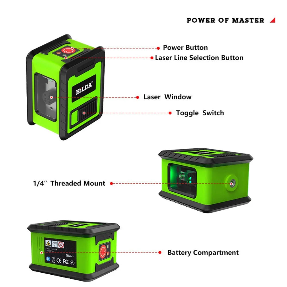 HILDA 2-Lines Cross Green Light Laser Level Meter Horizontal and Vertical Laser Self-Leveling Tool (with Wall Bracket and Storage Bag) - Green - 4