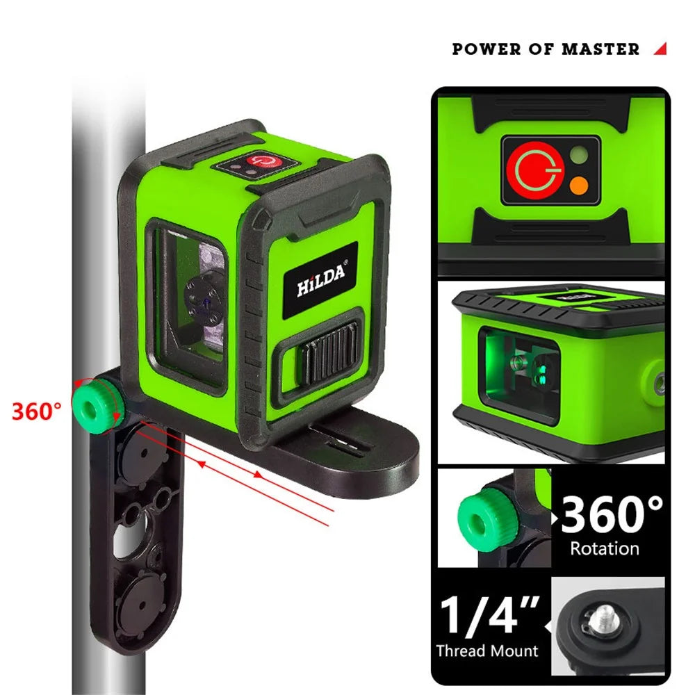 HILDA 2-Lines Cross Green Light Laser Level Meter Horizontal and Vertical Laser Self-Leveling Tool (with Wall Bracket and Storage Bag) - Green - 6