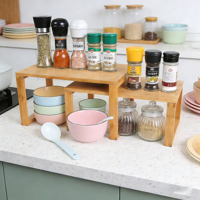 2Pcs Bamboo Kitchen Countertop Shelf Set Spice Organizer Rack Dish Storage Rack - 5