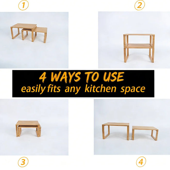 2Pcs Bamboo Kitchen Countertop Shelf Set Spice Organizer Rack Dish Storage Rack - 6
