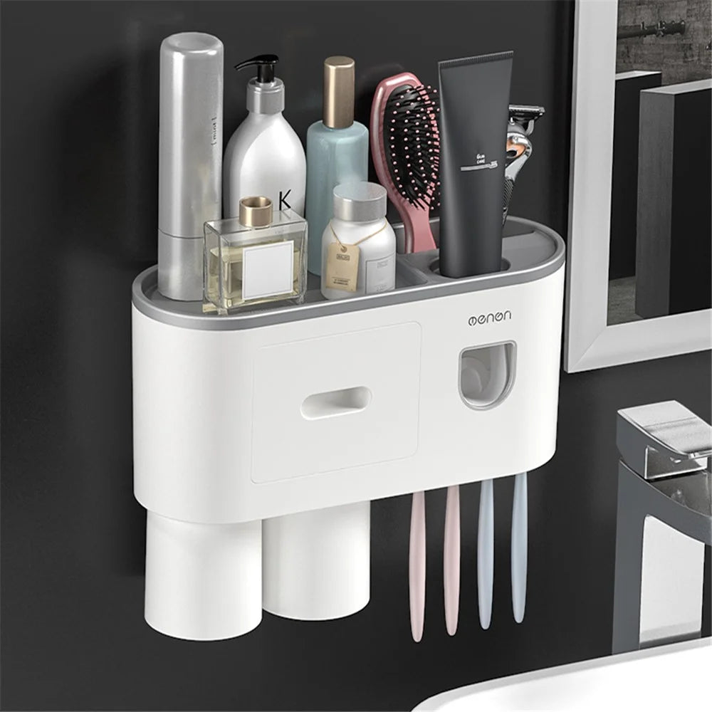 MENGNI Bathrooms Toothbrush Holder Wall Mounted 2 Cups Toothbrush Holder with Detachable Toothpaste Dispenser, 4 Brush Slot - Grey - 2