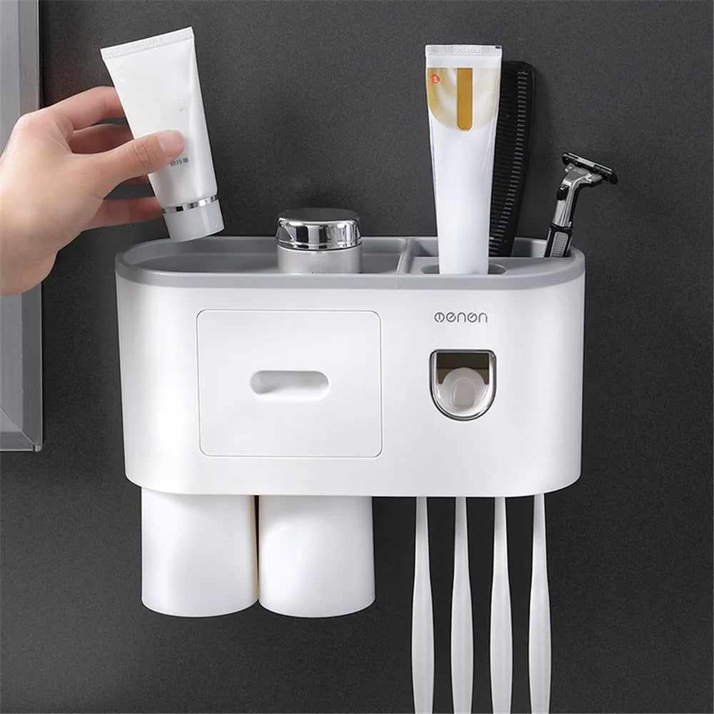 MENGNI Bathrooms Toothbrush Holder Wall Mounted 2 Cups Toothbrush Holder with Detachable Toothpaste Dispenser, 4 Brush Slot - Grey - 3