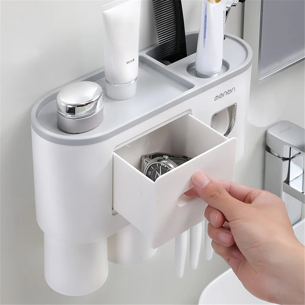 MENGNI Bathrooms Toothbrush Holder Wall Mounted 2 Cups Toothbrush Holder with Detachable Toothpaste Dispenser, 4 Brush Slot - Grey - 4