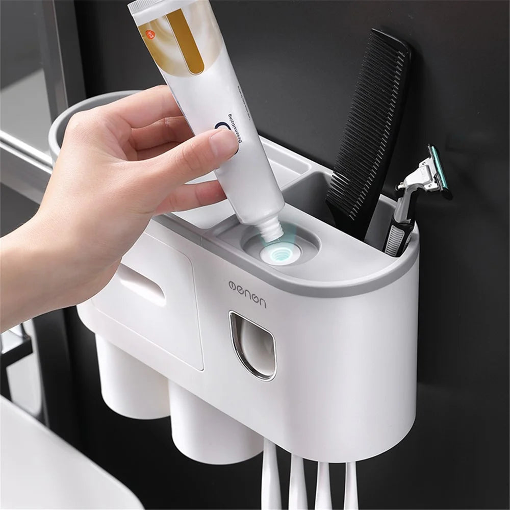 MENGNI Bathrooms Toothbrush Holder Wall Mounted 2 Cups Toothbrush Holder with Detachable Toothpaste Dispenser, 4 Brush Slot - Grey - 5