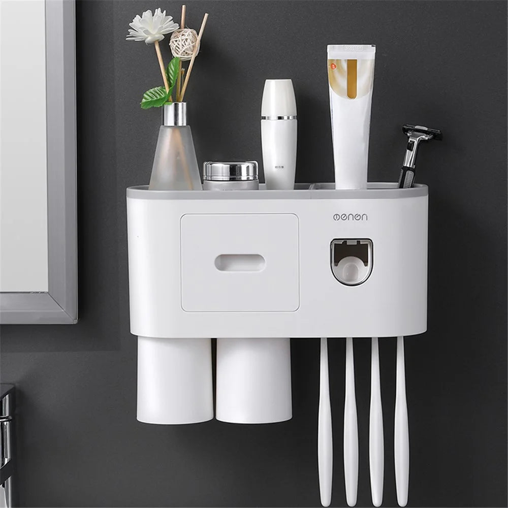 MENGNI Bathrooms Toothbrush Holder Wall Mounted 2 Cups Toothbrush Holder with Detachable Toothpaste Dispenser, 4 Brush Slot - Grey - 6