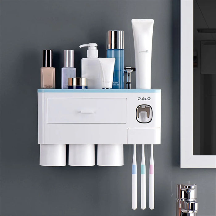 ASWEI A1909 3 Cups Toothbrush Holder Wall Mounted with Toothpaste Dispenser, Tray, Drawer, and 3 Brush Slots for Bathrooms - Blue - 1