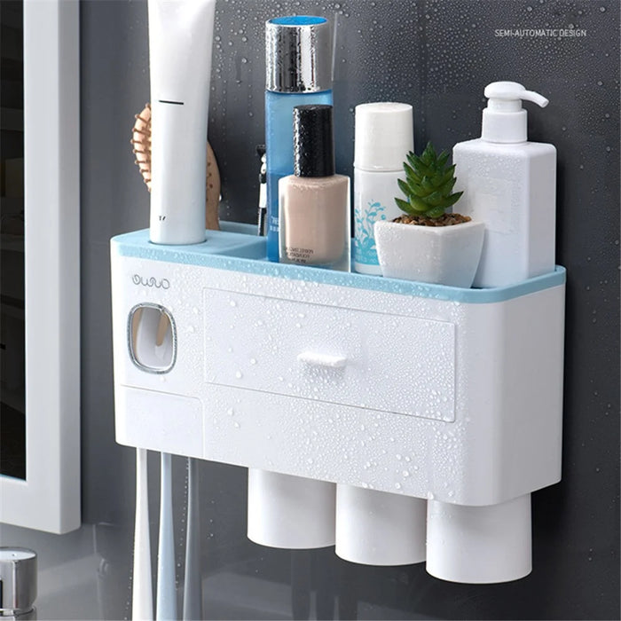 ASWEI A1909 3 Cups Toothbrush Holder Wall Mounted with Toothpaste Dispenser, Tray, Drawer, and 3 Brush Slots for Bathrooms - Blue - 6