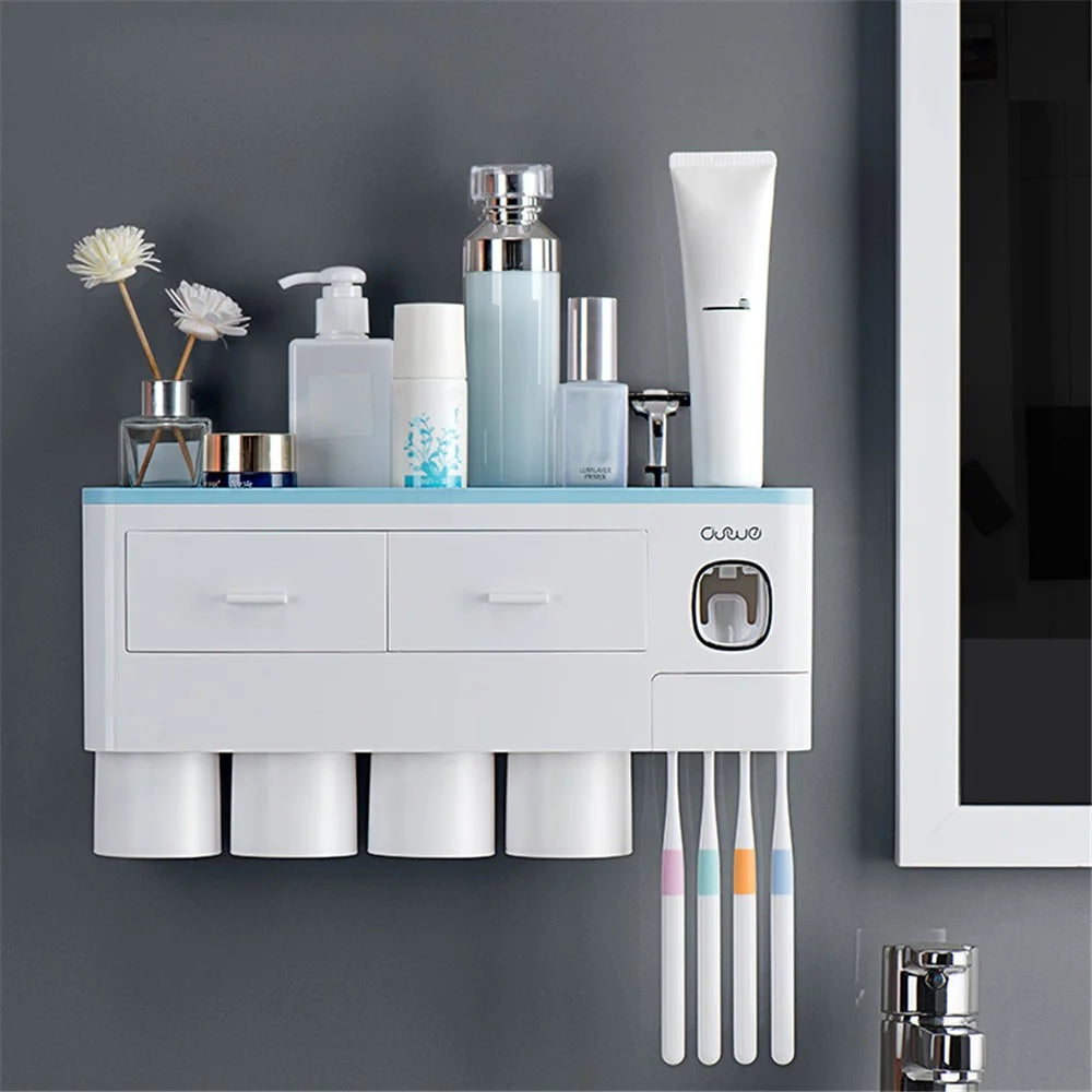 ASWEI A1910 Bathrooms Wall Mounted 4 Cups Toothbrush Holder with Toothpaste Dispenser, Tray, 2 Drawer, 4 Brush Slot - Blue - 1