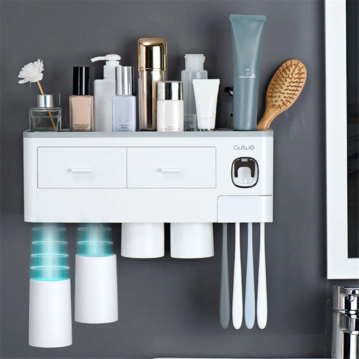 ASWEI A1910 Bathrooms Wall Mounted 4 Cups Toothbrush Holder with Toothpaste Dispenser, Tray, 2 Drawer, 4 Brush Slot - Blue - 2