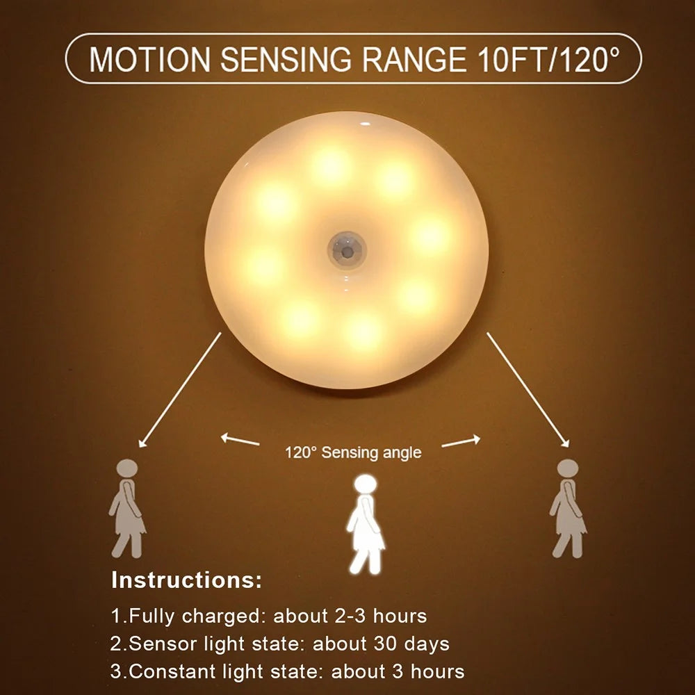 USB Rechargeable Cabinet Bedside Round Lamp Magnetic Human Body Sensor LED Night Light - Cold White - 5