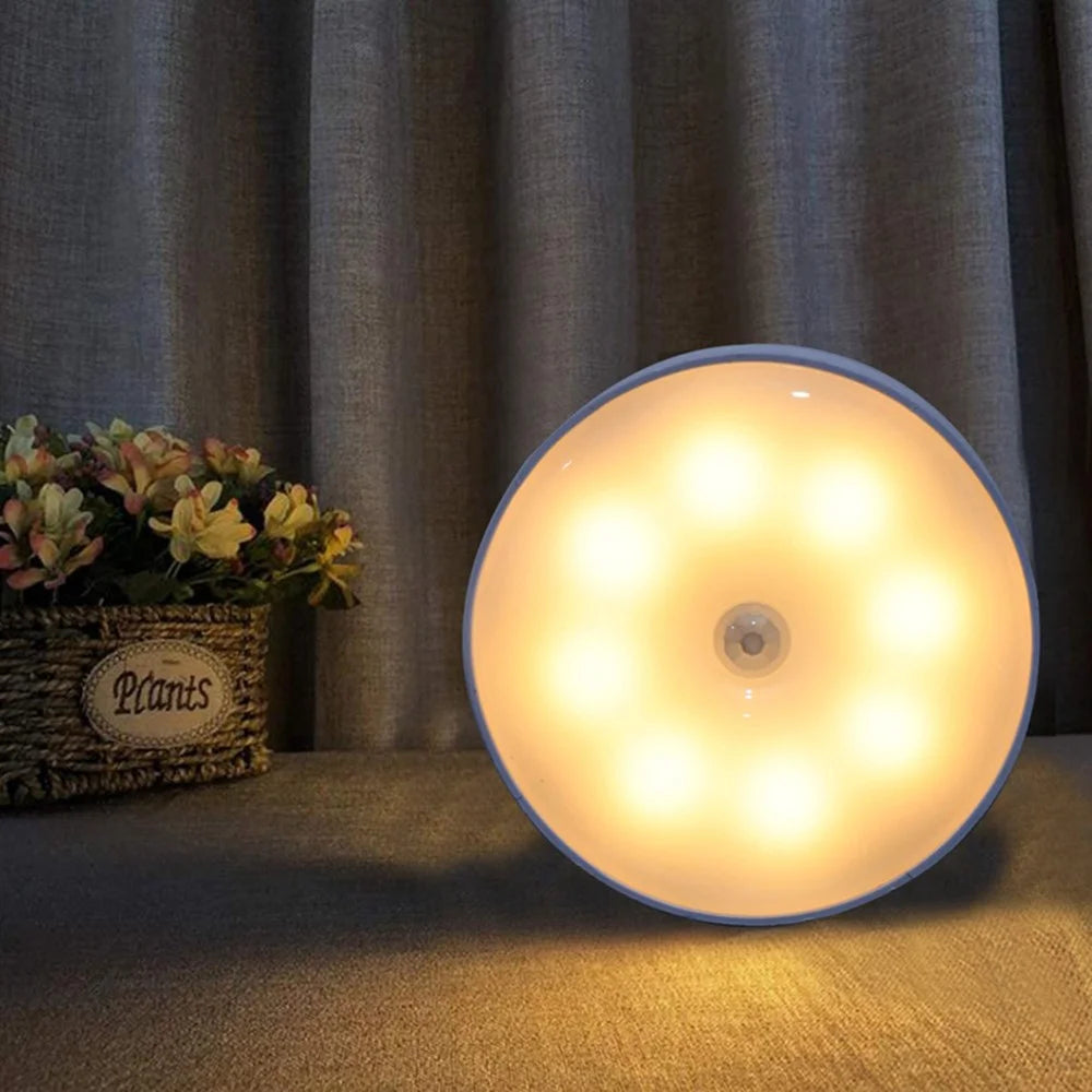 USB Rechargeable Cabinet Bedside Round Lamp Magnetic Human Body Sensor LED Night Light - Cold White - 6