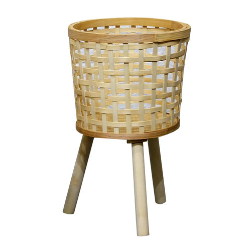 Home Planter Pot Basket Stand Leg Design Flower Vase Holder Hand-Woven Bamboo Basket Office Decoration, Size: M - Grid - 1