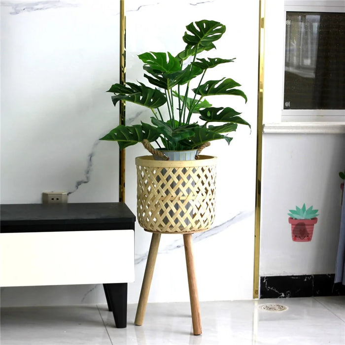 Knitted Bamboo Planter Pot Basket Woven Plants Vase Flowers Container Home Decoration, Size: L - Grid - 3