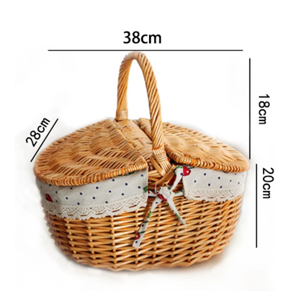 Hand-Woven Wicker Picnic Basket Lid Design Cotton+Linen Cloth Lining Blanket for Eggs, Candy, Flowers, Size: L - Red Grid - 5