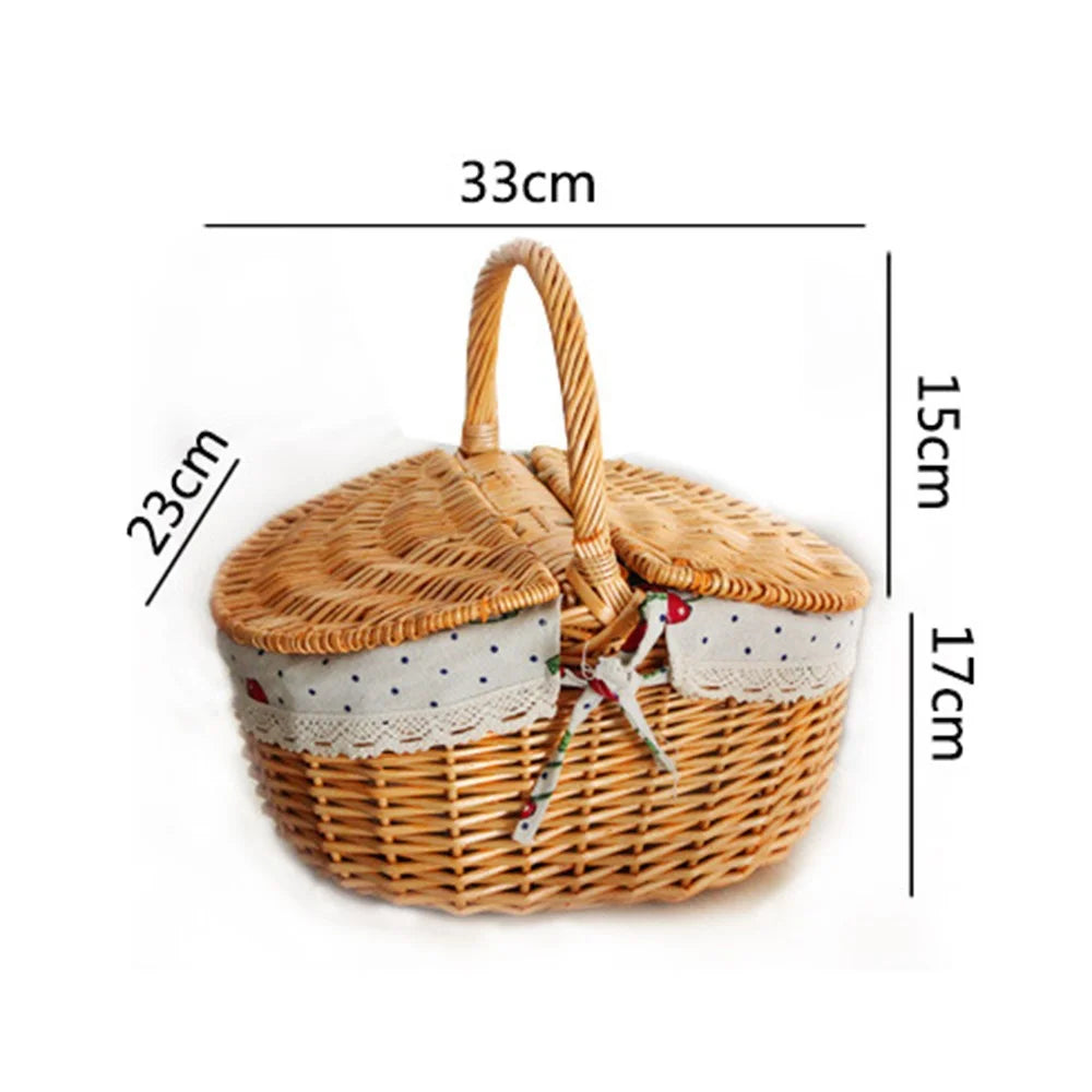 Cotton Linen Cloth Wicker Knitted Blanket Home Storage Bin Outdoor Woven Picnic Basket with Lid, Size: M - Red Grid - 5