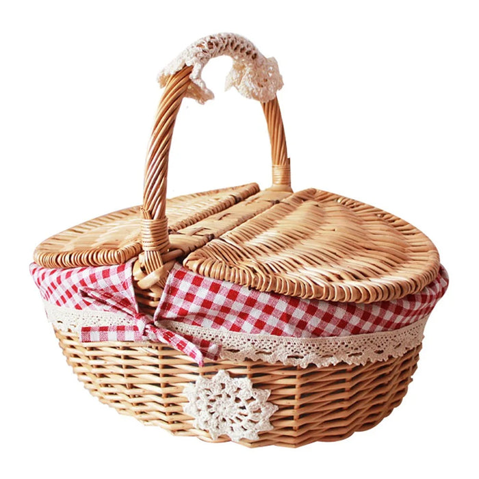 Outdoor Woven Picnic Basket Cotton Linen Cloth Wicker Knitted Blanket Home Storage Bin with Lid, Size: S - Red Grid - 1