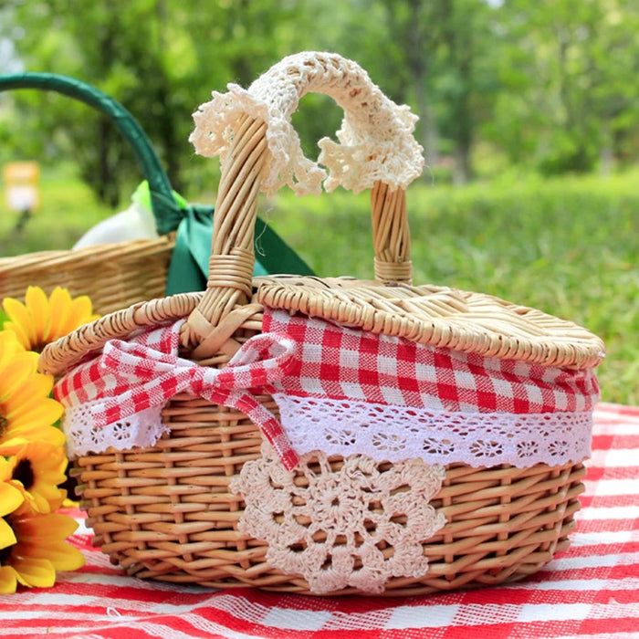 Outdoor Woven Picnic Basket Cotton Linen Cloth Wicker Knitted Blanket Home Storage Bin with Lid, Size: S - Red Grid - 2