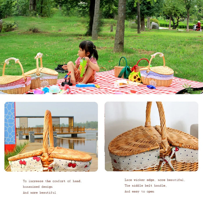 Outdoor Woven Picnic Basket Cotton Linen Cloth Wicker Knitted Blanket Home Storage Bin with Lid, Size: S - Red Grid - 3