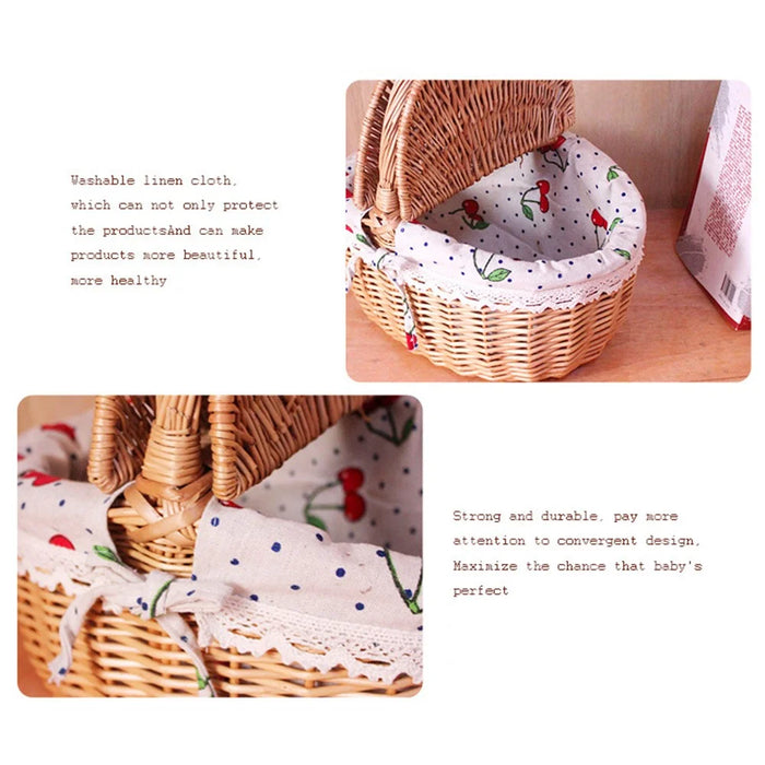 Outdoor Woven Picnic Basket Cotton Linen Cloth Wicker Knitted Blanket Home Storage Bin with Lid, Size: S - Red Grid - 4
