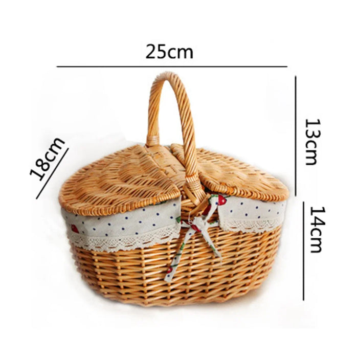 Outdoor Woven Picnic Basket Cotton Linen Cloth Wicker Knitted Blanket Home Storage Bin with Lid, Size: S - Red Grid - 5