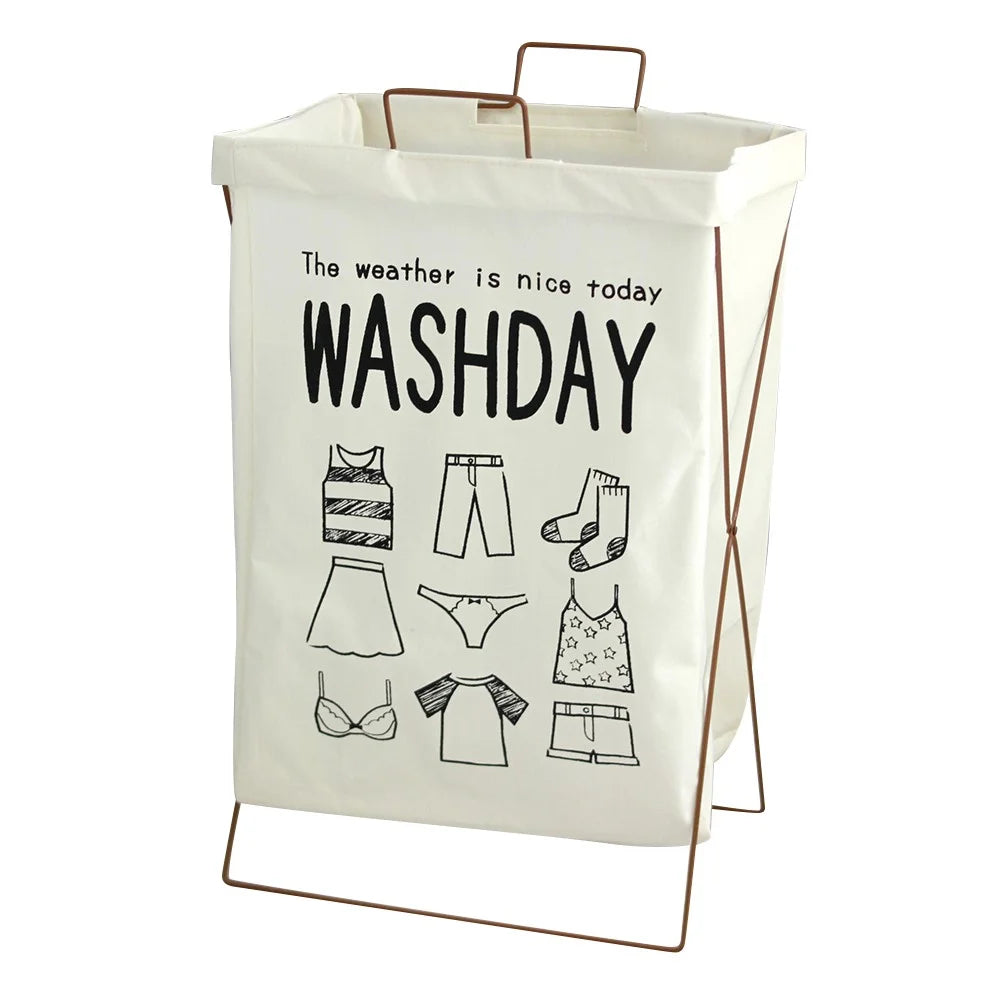 28L Iron Rack Foldable Laundry Basket Cotton Linen Dirty Clothes Hamper Washing Basket, Size S - Wash Day - 1