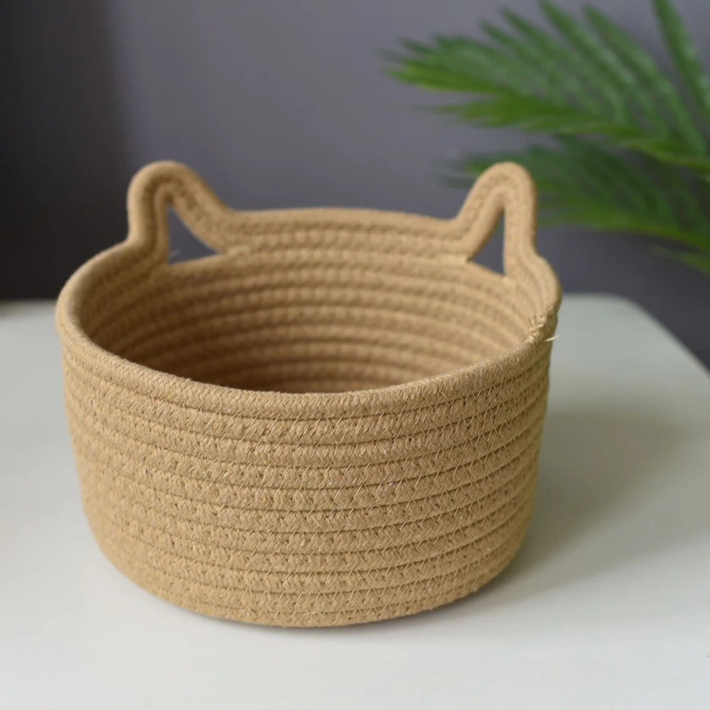 3Pcs / Set Cat Ears Design Cotton Rope Woven Storage Basket Round Desktop Sundries Organizer - Yellowish Brown - 3