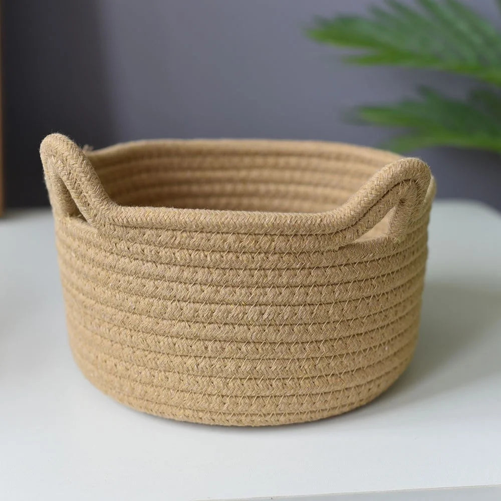 3Pcs / Set Cat Ears Design Cotton Rope Woven Storage Basket Round Desktop Sundries Organizer - Yellowish Brown - 7