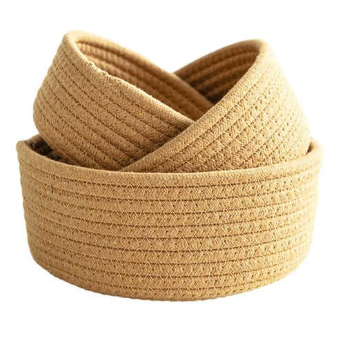 3Pcs / Set Nordic Cotton Rope Woven Storage Basket Round Desktop Cosmetics Organizer Basket - Yellowish Brown - 1