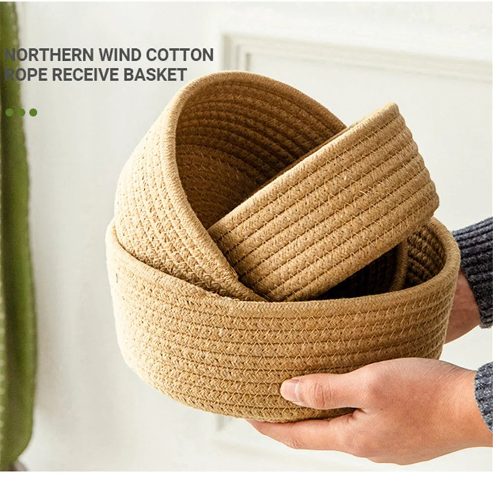 3Pcs / Set Nordic Cotton Rope Woven Storage Basket Round Desktop Cosmetics Organizer Basket - Yellowish Brown - 3