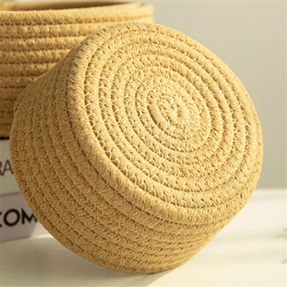 3Pcs / Set Nordic Cotton Rope Woven Storage Basket Round Desktop Cosmetics Organizer Basket - Yellowish Brown - 6