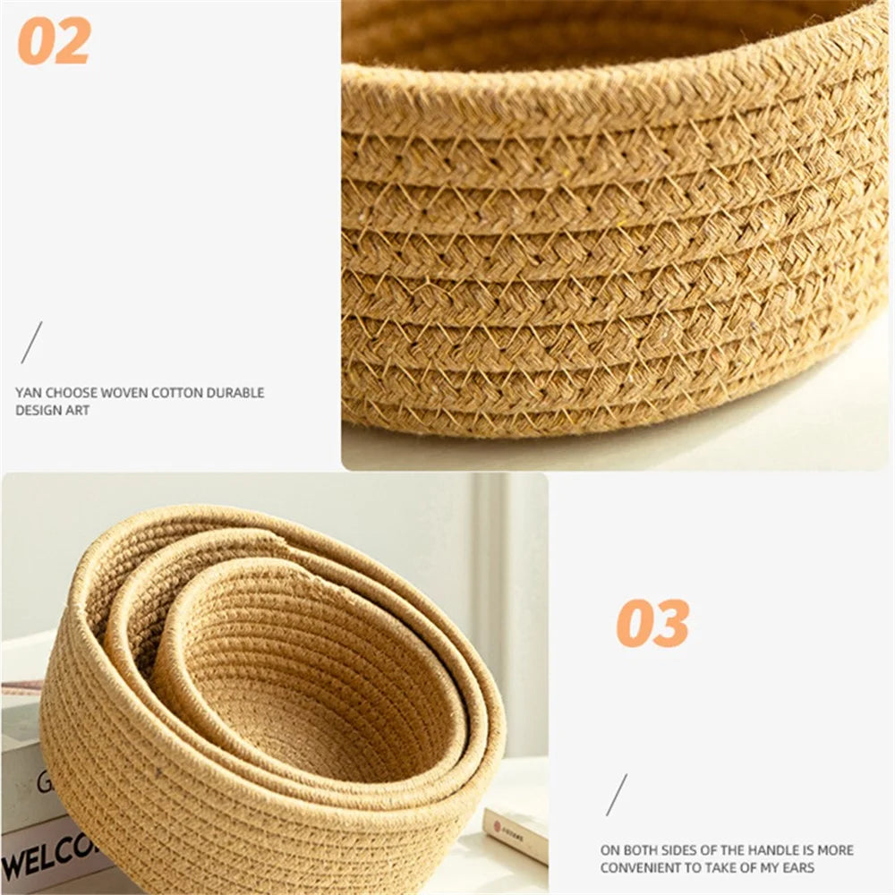 3Pcs / Set Nordic Cotton Rope Woven Storage Basket Round Desktop Cosmetics Organizer Basket - Yellowish Brown - 7
