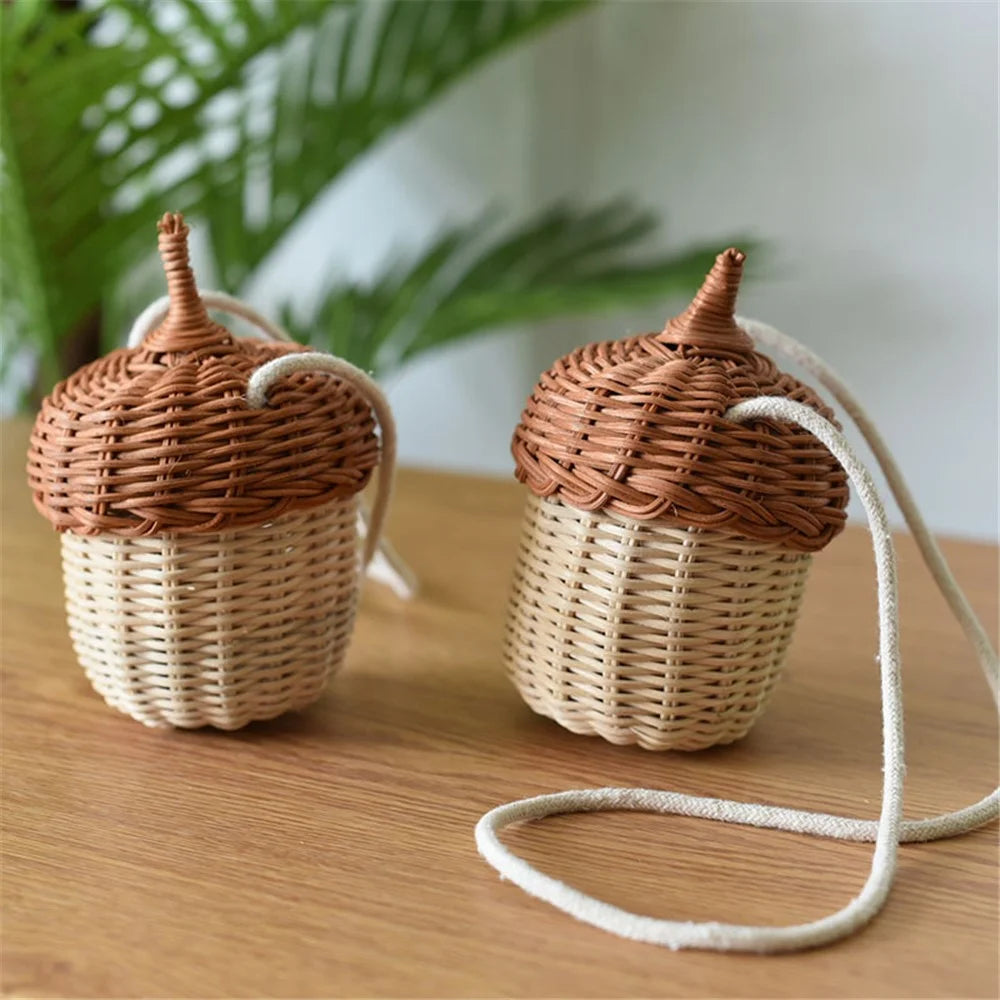 Cute Mini Pinecone Children Crossbody Bag Baby Shooting Rattan Weaving Shoulder Bag - 2
