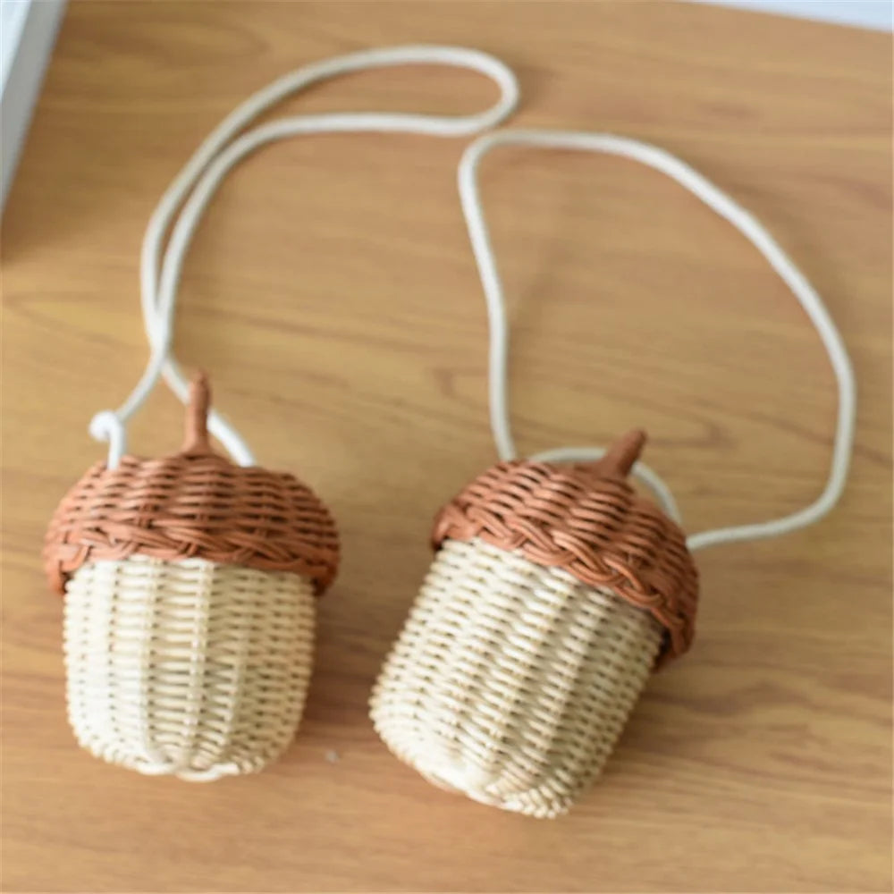 Cute Mini Pinecone Children Crossbody Bag Baby Shooting Rattan Weaving Shoulder Bag - 5